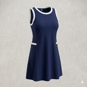 Lou & Grey Navy Blue Sleeveless Shift Dress White Trim Pockets Size S